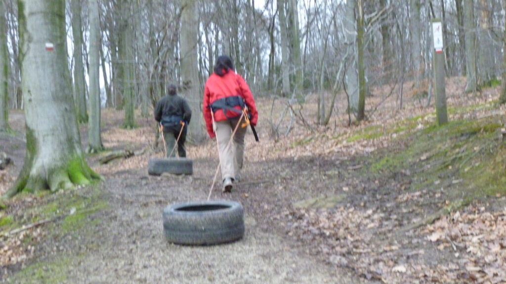 Autobanden als ttrainingstool in het bos